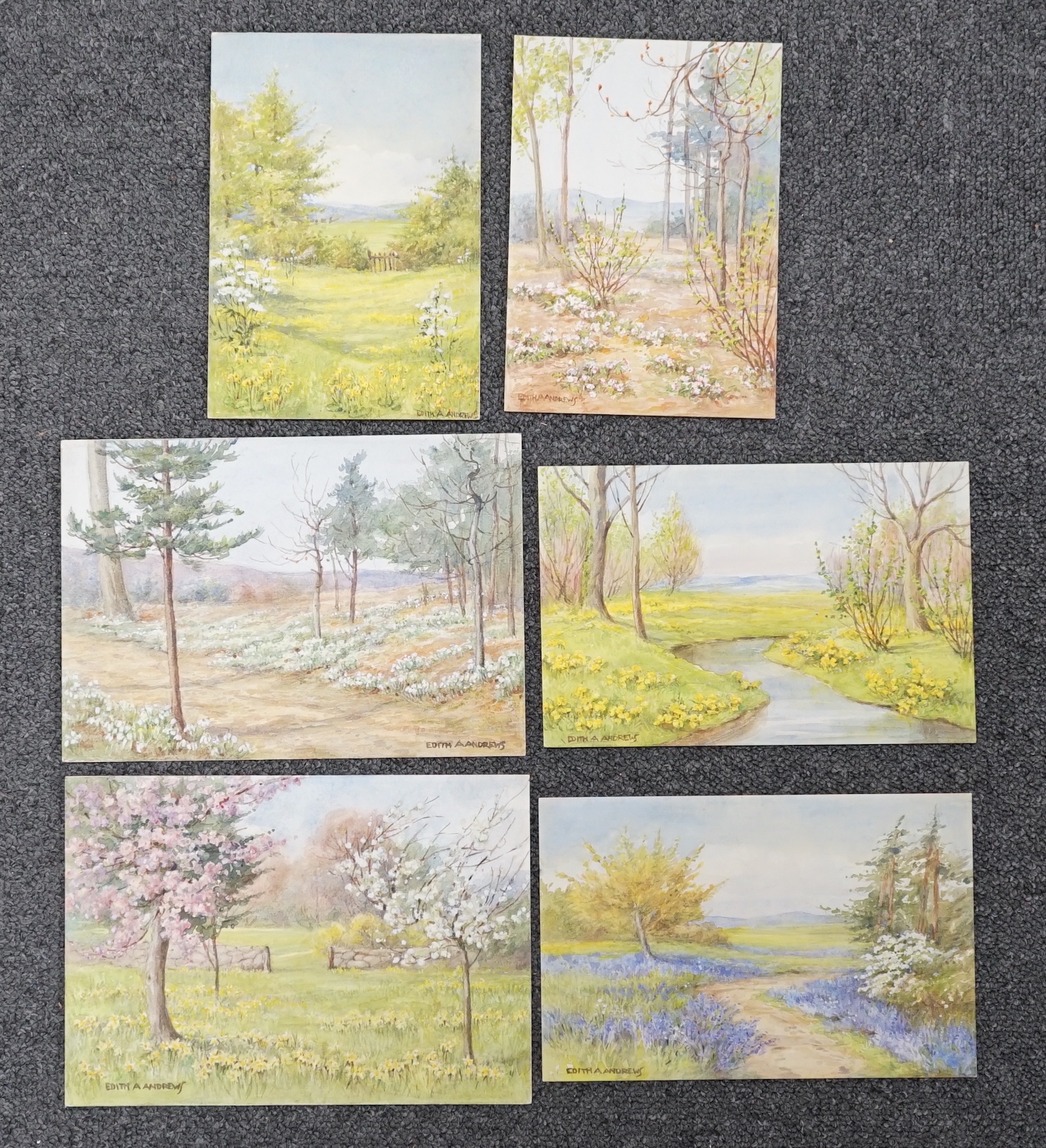 Edith Alice Andrews (Exh. 1900-1940), six watercolour designs for postcards, Country Scenes, signed, largest 16 x 22cm, unframed